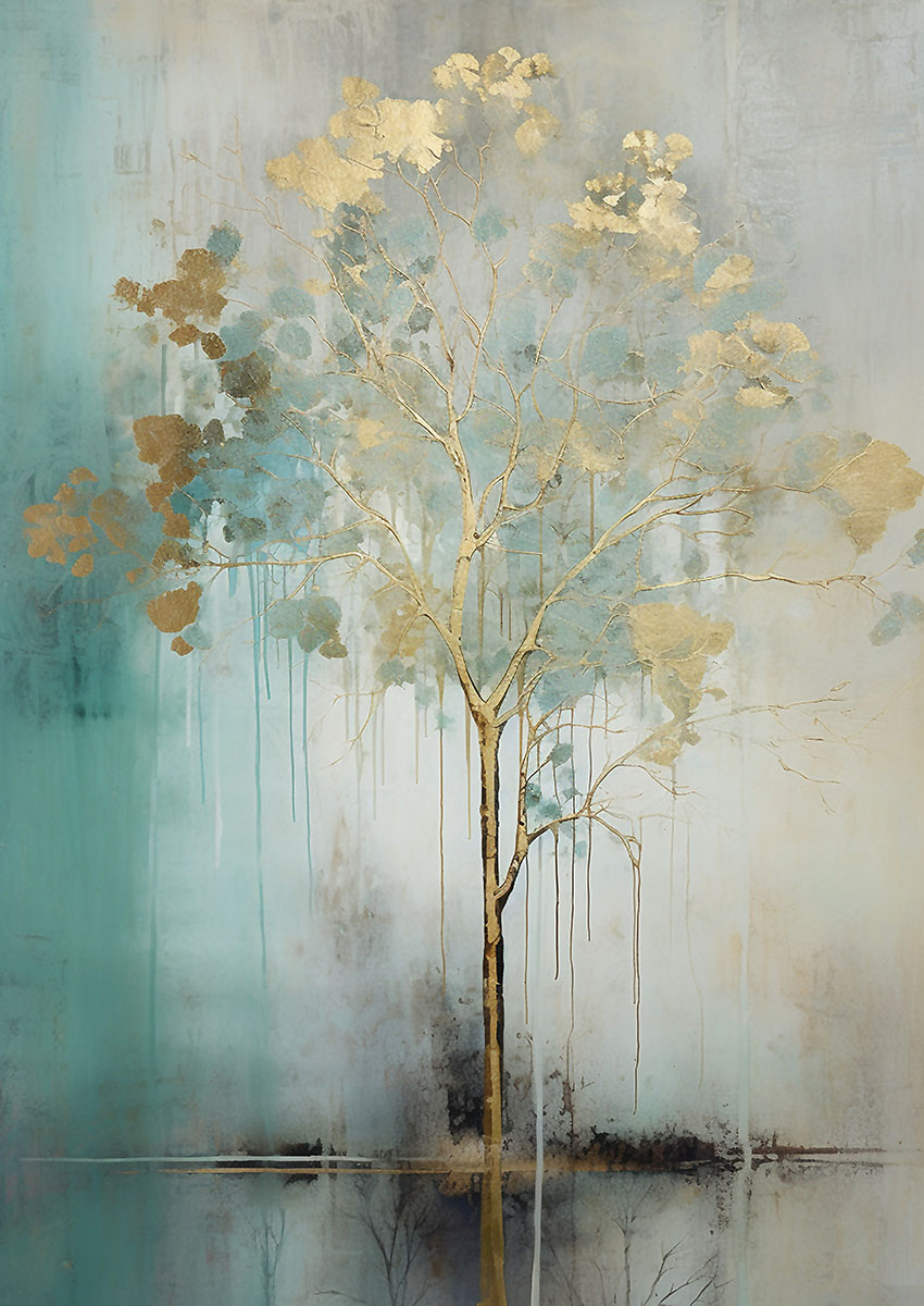 Elegant stylised artwork of a tree with soft hues and metallic accents